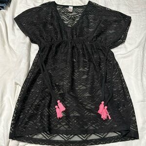 Bongo Y2K Black Mesh Neon Pink Tassels Cover Up M
